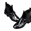 Fashionable Short Boots Women's Patent Leather Fleece Lined Flat Bottom Square Head Side Zipper British Style Booties