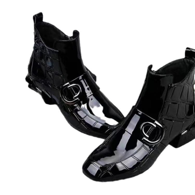 Fashionable Short Boots Women's Patent Leather Fleece Lined Flat Bottom Square Head Side Zipper British Style Booties