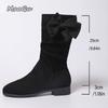 Fashion 2025 Autumn New Women's Mid-calf Boots Slip on Pleated Bowknot Short Boots Fashion PU Suede Ladies Botas Para Mujer Large Size36