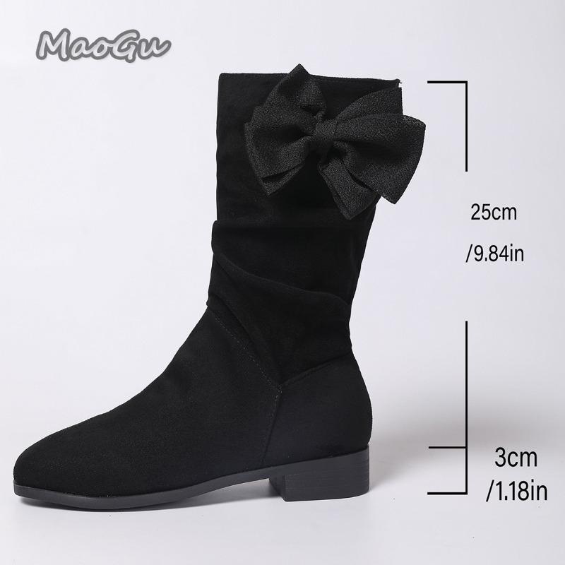Fashion 2025 Autumn New Women's Mid-calf Boots Slip on Pleated Bowknot Short Boots Fashion PU Suede Ladies Botas Para Mujer Large Size36