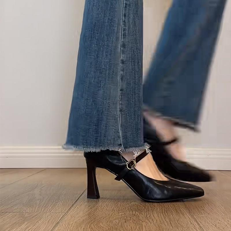 French Soft Leather High Heels Women's Retro Style Minimalist Black One-word Buckle Mary Jane Shoes with Skirt Thick Heel Single Shoes