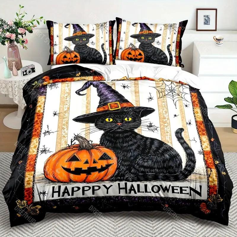 

Комплект пододеяльника на Хэллоуин Тема Хэллоуина Удобный постельный комплект Цифровая печать Клетчатый узор Милый призрак Тыква Один пододеяльник EU Single 90x200cm