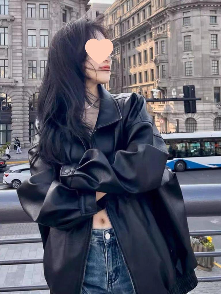 Korean Retro Women's Motorcycle Leather Jacket - Spring & Autumn Fashion, Hong Kong Style, Small Size