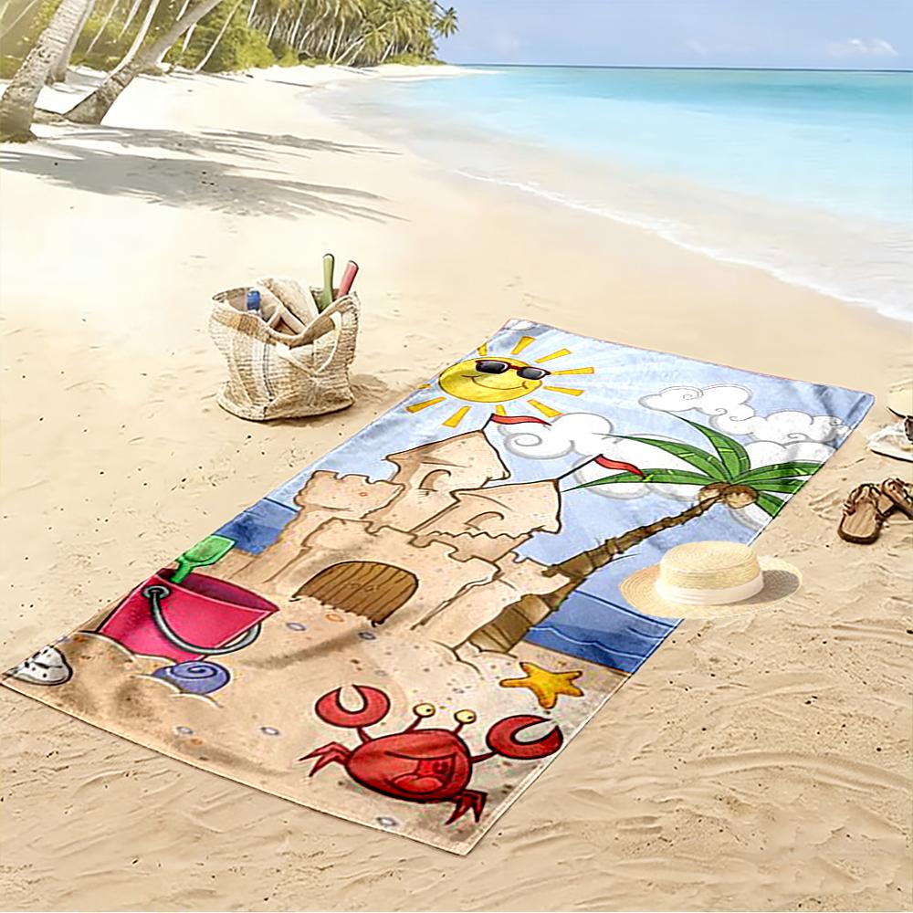 Cartoon Sandcastle with Crab and Palm Tree Beach towel quick-drying for travel outdoor sports jogging beach and swimming
