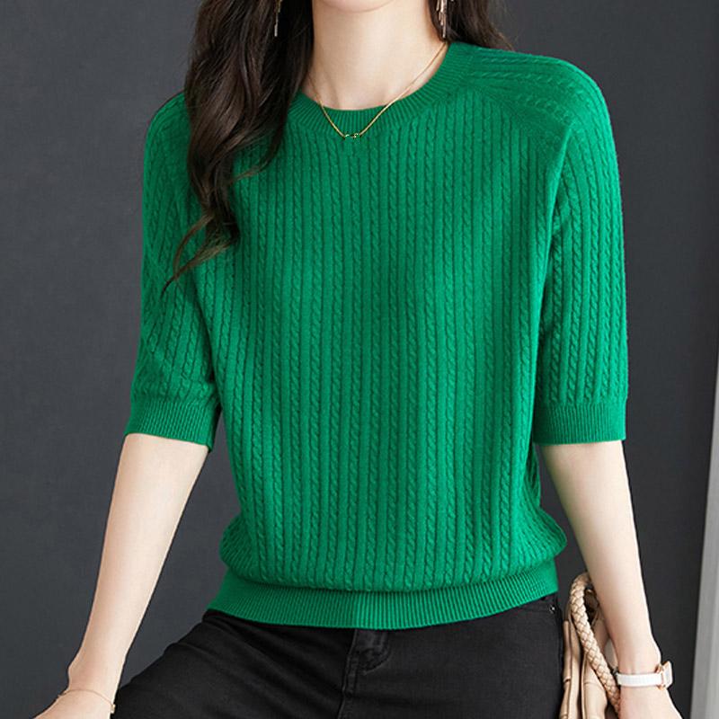 Dámské svetry pulovry 2025 Léto Krátký rukáv Kulatý výstřih Černý pletený svetr Dámské topy Pulovr JJ142