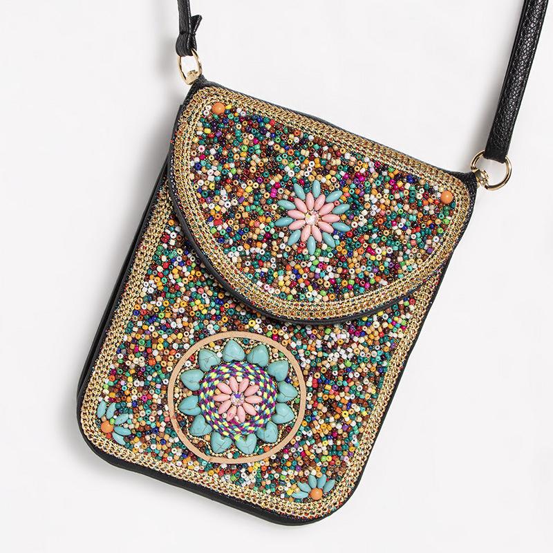 Exquisite Bohemian Style Crossbody Bag with Rice Beads, Shells, and Flowers