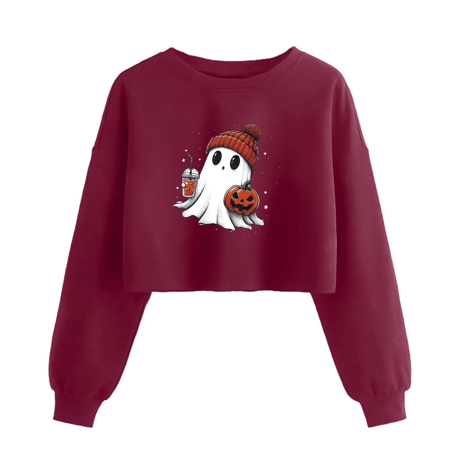 

Женский модный пуловер с длинным рукавом и принтом на Хэллоуин, открывающий живот L винный