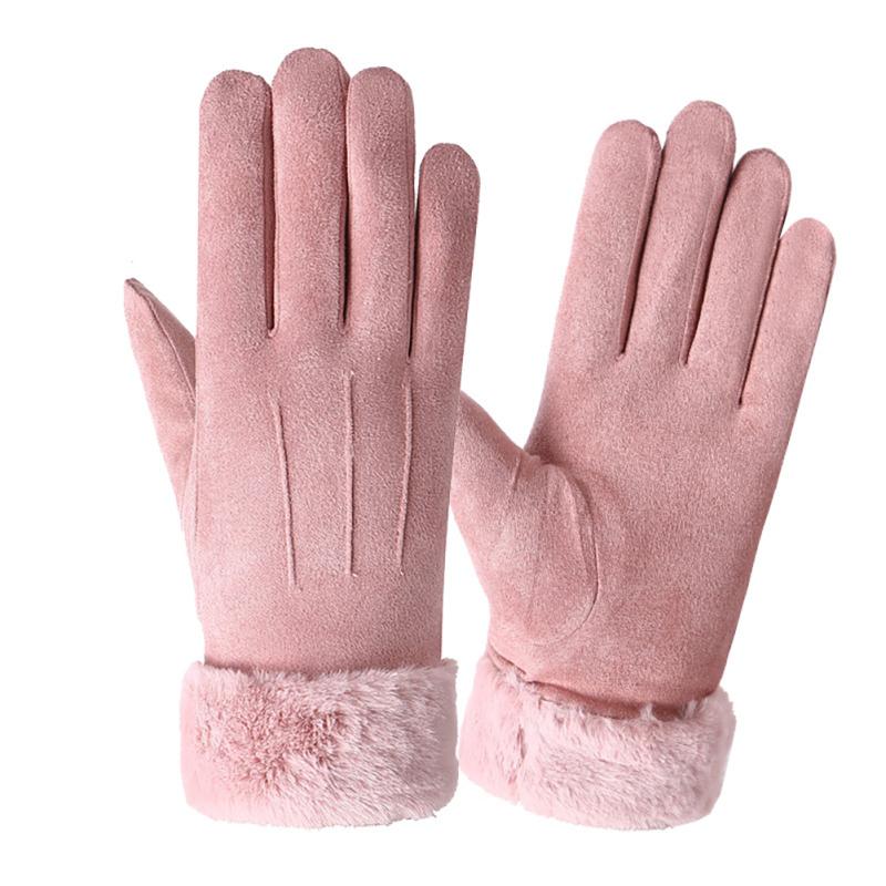 Women Winter Gloves Suede Leather Non-slip Touch Screen Warm Thick Gloves With Fur For Outdoor
