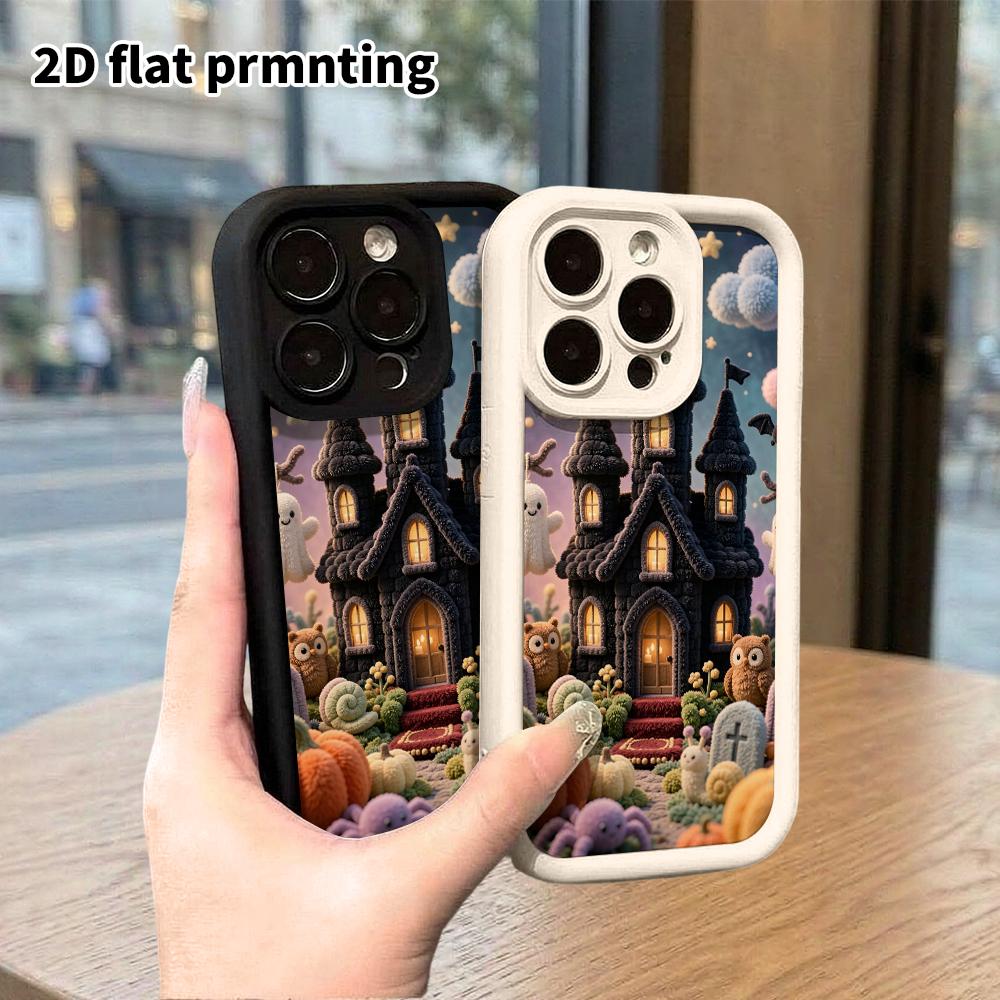 Phone Case: 2D flat design suitable for iPhone 18 17 16 15 14 13 Pro protective case, Halloween small castle, perfect holiday gift for Christmas and H