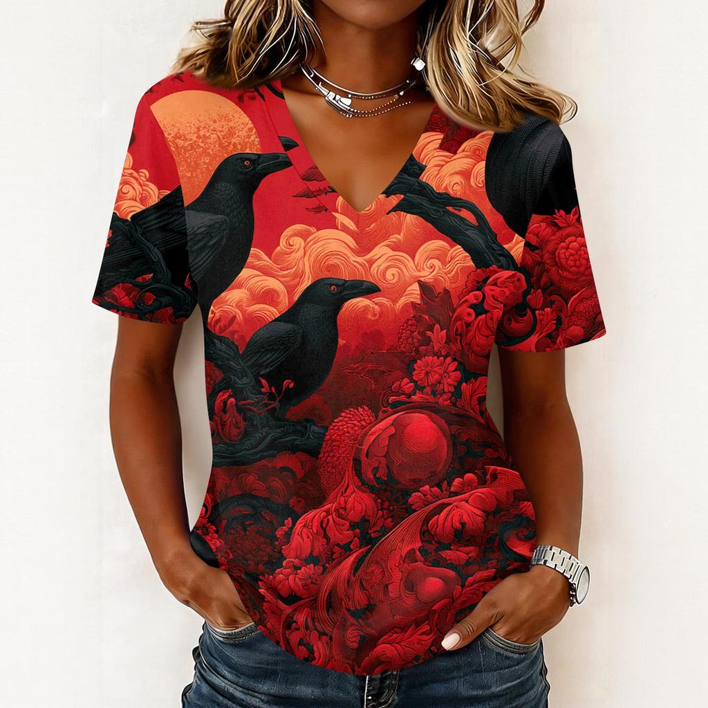 Women's Casual V Neck Pullover Top Halloween Ghost Print Short Sleeve Blouse Lightweight Comfortable Fit