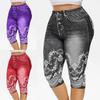 False Denim Print Yoga Pants Stretchy Women High Waist Pockets Capri Pants Bottoms