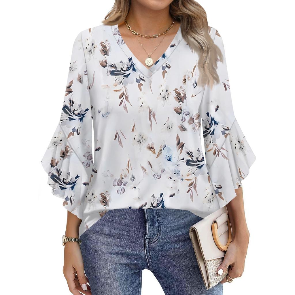 Blouses For Women Dressy Casual 3/4 Length Sleeve Womens Tops V Neck Tshirts Shirts With Flared Sleeve