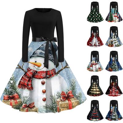 Christmas Print Flare Dress For Women Long Sleeve Dress Hollow Party Casual Dresses