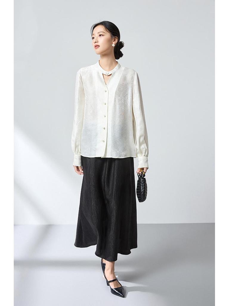 2026 Spring Mulberry Silk Satin Stand Collar Jacquard Shirt - Elegant Ink Wash Style
