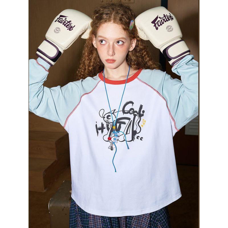 Coolhut Letter Print Raglan Long-Sleeve Patchwork Color-Blocked 2026 Spring Women's T-Shirt Base Layer Top