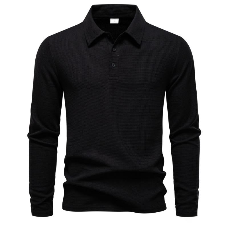 Men Waffle Knit Long Sleeve Polo Shirt Casual Top