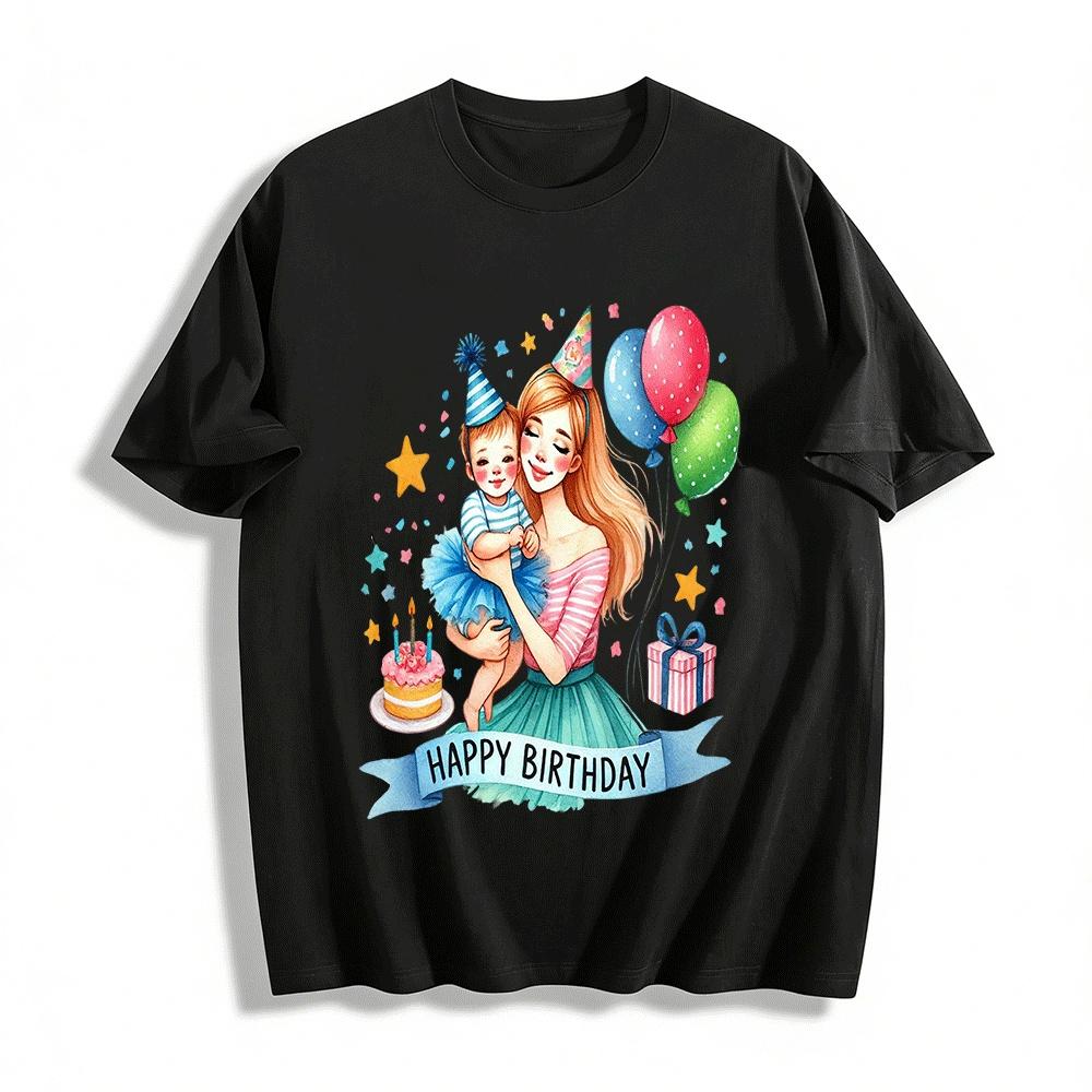 Mom And Baby Birthday Print Tshirt Family Party Keepsake Top Pure cotton T-shirt XXS