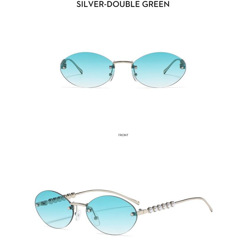 Ladies sunglasses, rimless oval sunglasses, pearl embellished sunglasses.