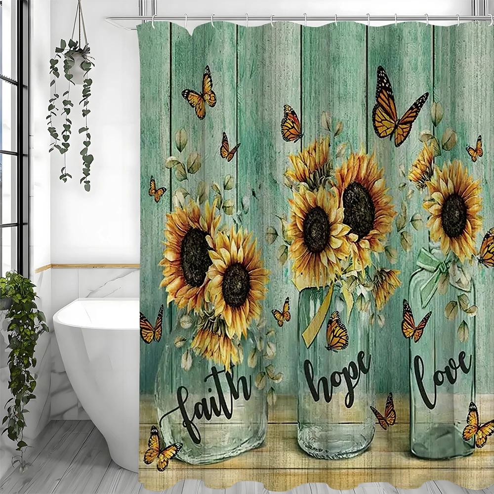 Glass Bottle Sunflower Butterfly Wooden Panel Shower Curtain, Bathroom Decorative Shower Curtain, Waterproof Shower Curtain with