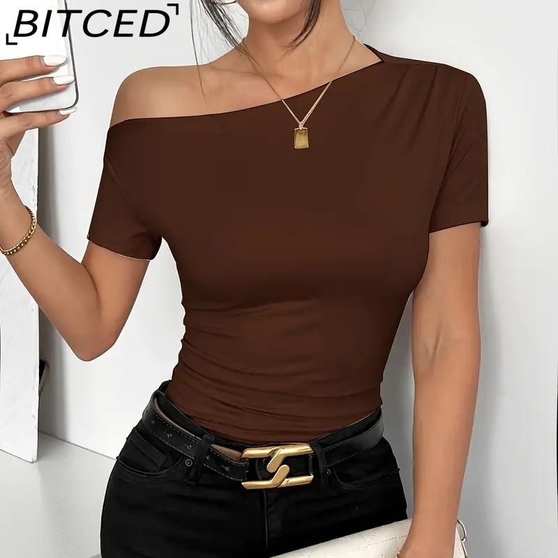 BITCED Spring/Summer Women's Slim-Fit Pleated Asymmetric Hem Short-Sleeved T-Shirt Top