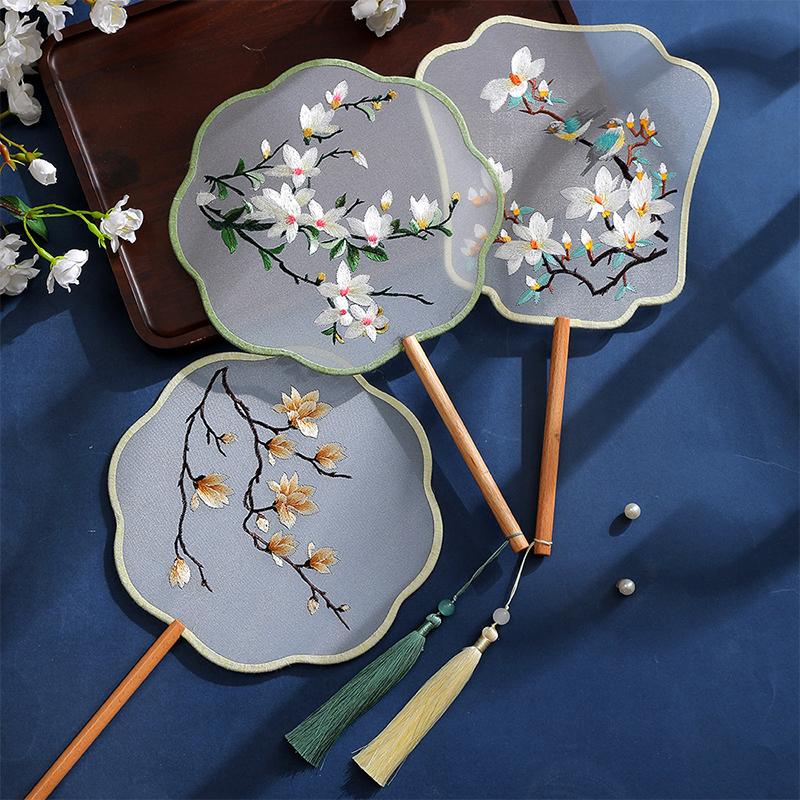 China Fan  Semi-Transparent Long Handle Tassel Dance Fan Female Costume Hanfu Cheongsam Embroidery Small Round Fan