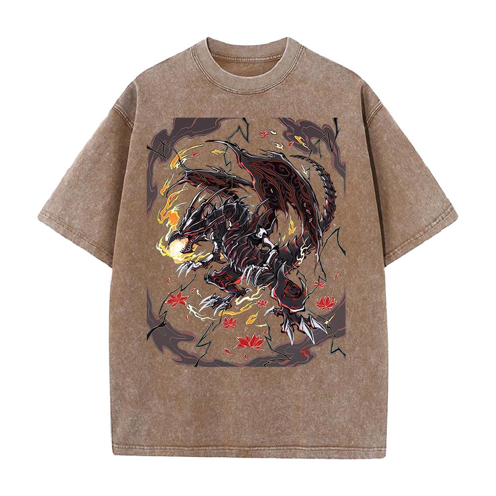 Anime T-shirt Red Eyes Black Dragon Short Sleeve Tee Shirt Vintage Summer Washed Pure Cotton Tops Men's Clothing