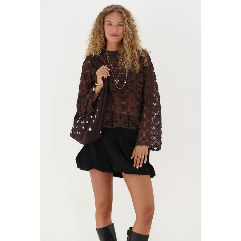 

Оригинальный заказ внешней торговли Осень Официальный сайт Новая Цветок Коричневый Рукав-колокол Прозрачный Женская Рубашка с длинным рукавом Футболка Dark brown XL