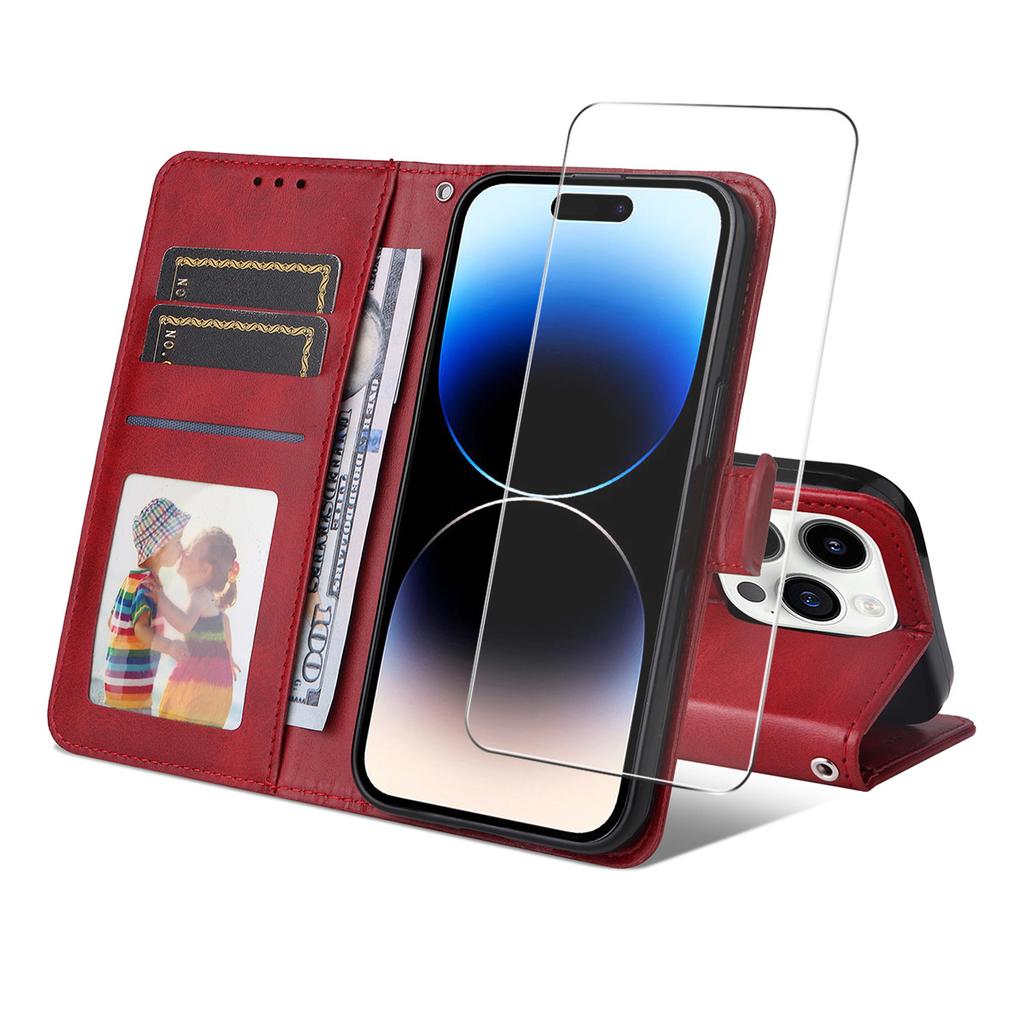 For iPhone 15 Pro PU Leather Wallet Case Phone Stand Cover with Tempered Glass
