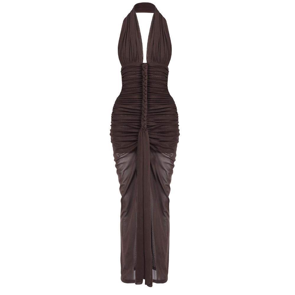 Spot | Women's fashion and sexy V-neck slim-fit pleated hip skirt backless European and American neck dress