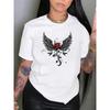 European Size Angel Wing Rose Graphic Women's Fashion Casual Sporty T-Shirt with Crew Neck, Polyester Blend