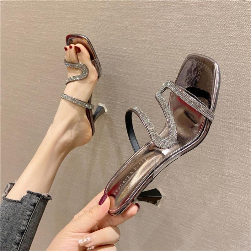 Fashion Women's High Heels Slippers 2025New Rhinestone Design Slippers Summer Open-toe High Heels Slippers for Women Banquet Dress Shoes