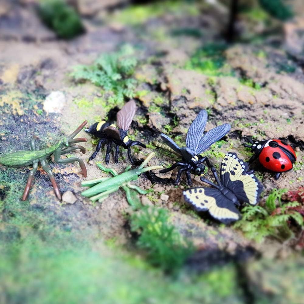 RCOMG 12 PCS Small Realistic Insects Figures Toys, Plastic Wildlife Animal Fake Bug Toys Halloween Party Favor School Project Bug Figurines Set for