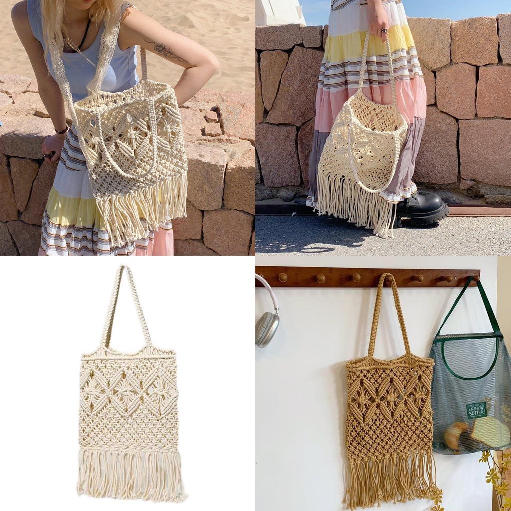 Böhmischer Stil Einfarbige Große Kapazität Damen Lässige Gewebte Tasche Mit Quasten Für Sommer Strandurlaub Damen