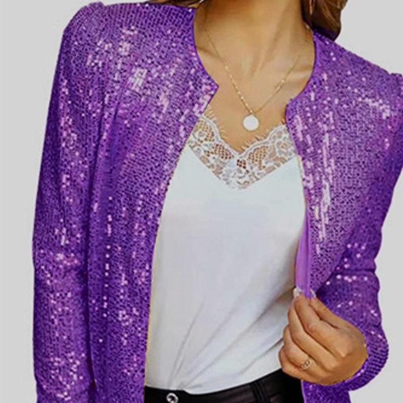 Fashion Stand Collar Solid Sequin Jacket Women Autumn Long Sleeve Loose Short Casual Jackets Ladies Elegant Round Neck Plus Size Coats Women Top 25189