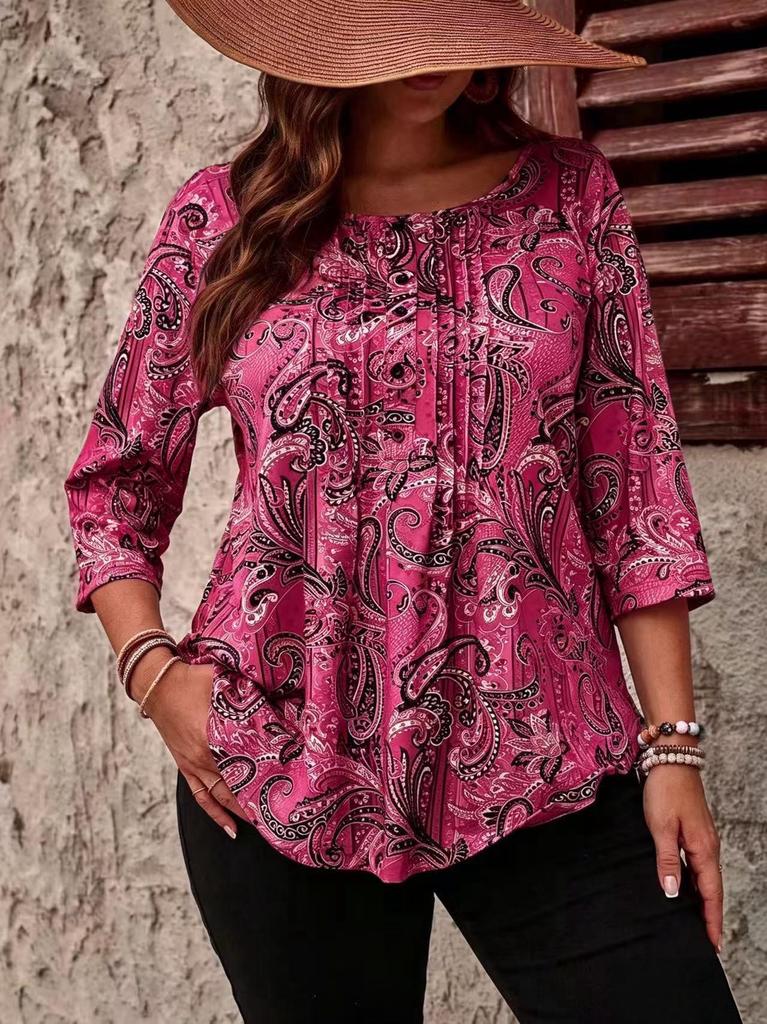 Bawełniany T-shirt z Długim Rękawem i Guzikami w Wzór Paisley dla Kobiet w Rozmiarach Plus