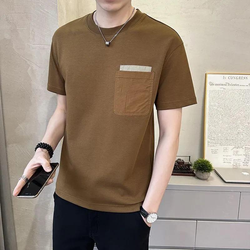 Men's Brown Crew Neck T-Shirt with Patch Pocket Casual Slim Fit Short Sleeve Top