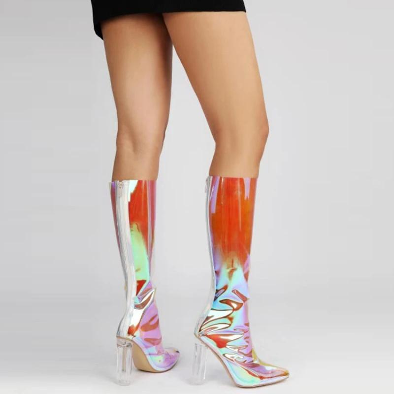 Fashion Sexy Pointed Crystal Thick High-heel Transparent Knee High Boots New Women Rear Zipper Fashion Show Stage Long Boot Size 35-47