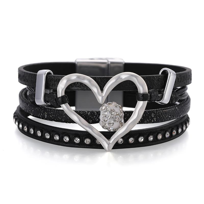 Vintage Multi-layer Leather Bracelet Womens Hollowed Out Heart-shaped Crystal Studded Magnetic Buckle Bangle Party Jewelry