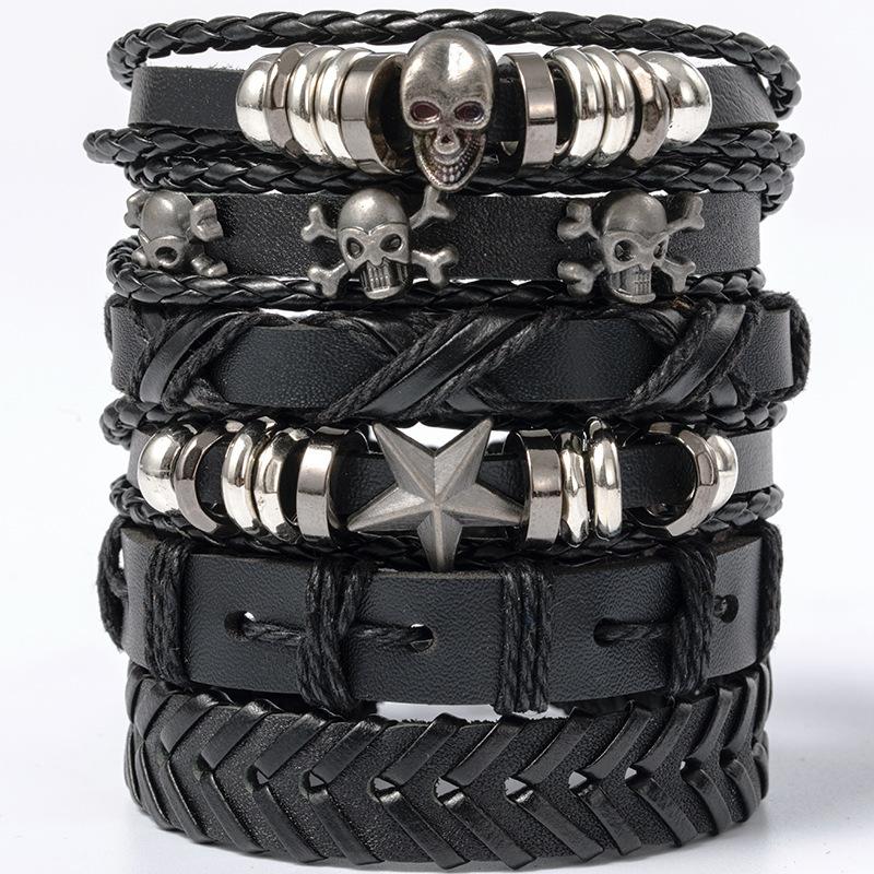 Skull head alloy accessory set of five pieces, cowhide bracelet, direct supply for jewelry