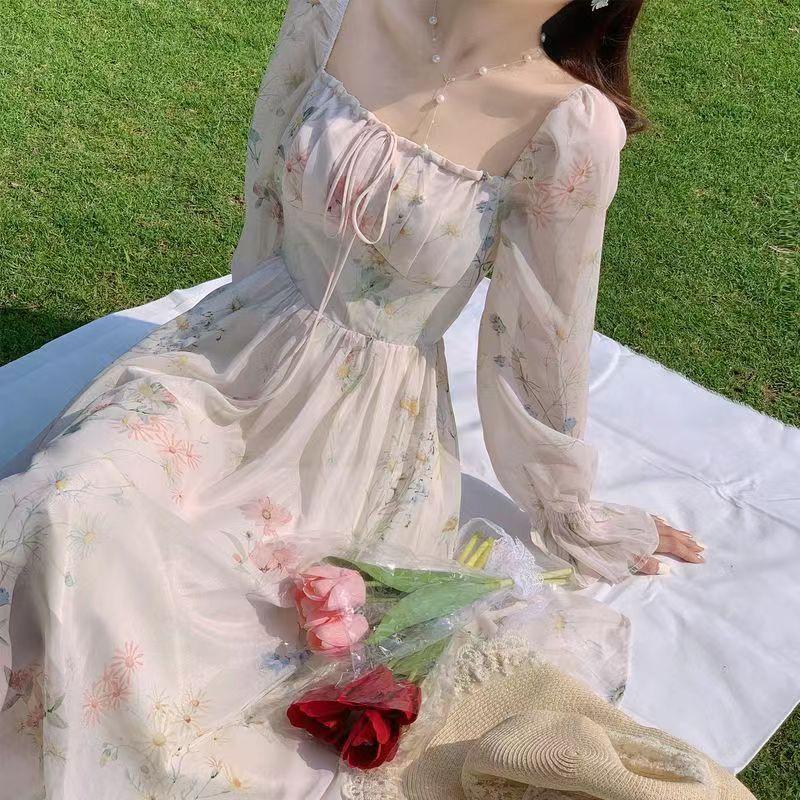 2024 Floral French Tea Break Chiffon Dress for Women - Spring Style with Goddess Elegance