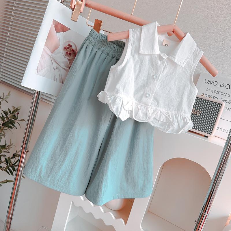 

Комплект для девочек, летний дизайн, рубашка без рукавов, широкие брюки, комплект из двух предметов для маленьких девочек 140