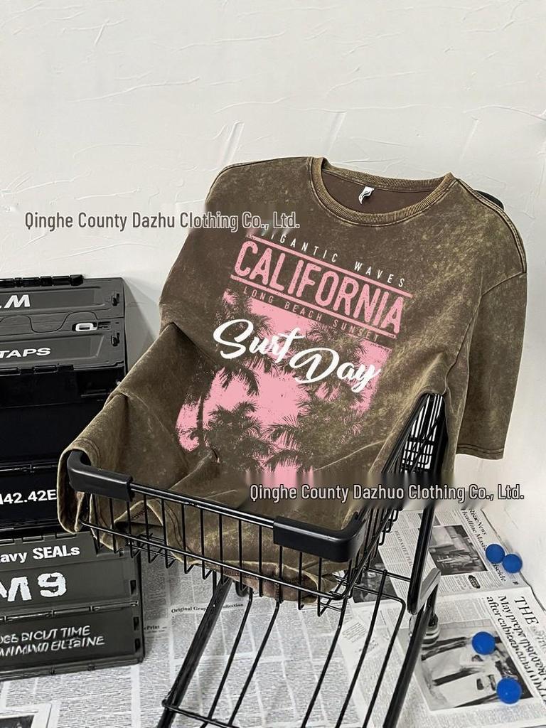 Women's Distressed Washed Cotton T-Shirt - Short Sleeve, Loose Fit, Trendy American Style with Round Neck and Print.