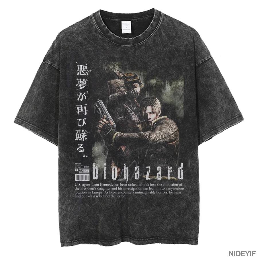 90. léta Resident Evil Biohazard Leon Kennedy Oversized Tričko 100% Bavlna Vintage Prané Tričko pro Muže Ženy