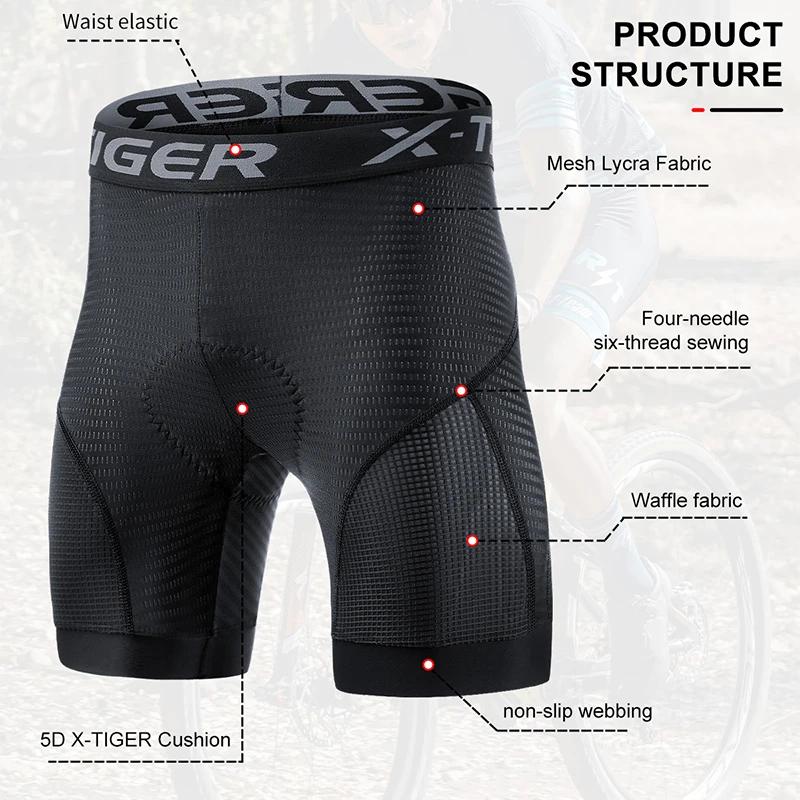 X-TIGER Men's Cycling Underwear Shorts 5D Padded Sports Riding Bike MTB Liner Shorts with Anti-Slip Leg Grips Bicycle Underwear