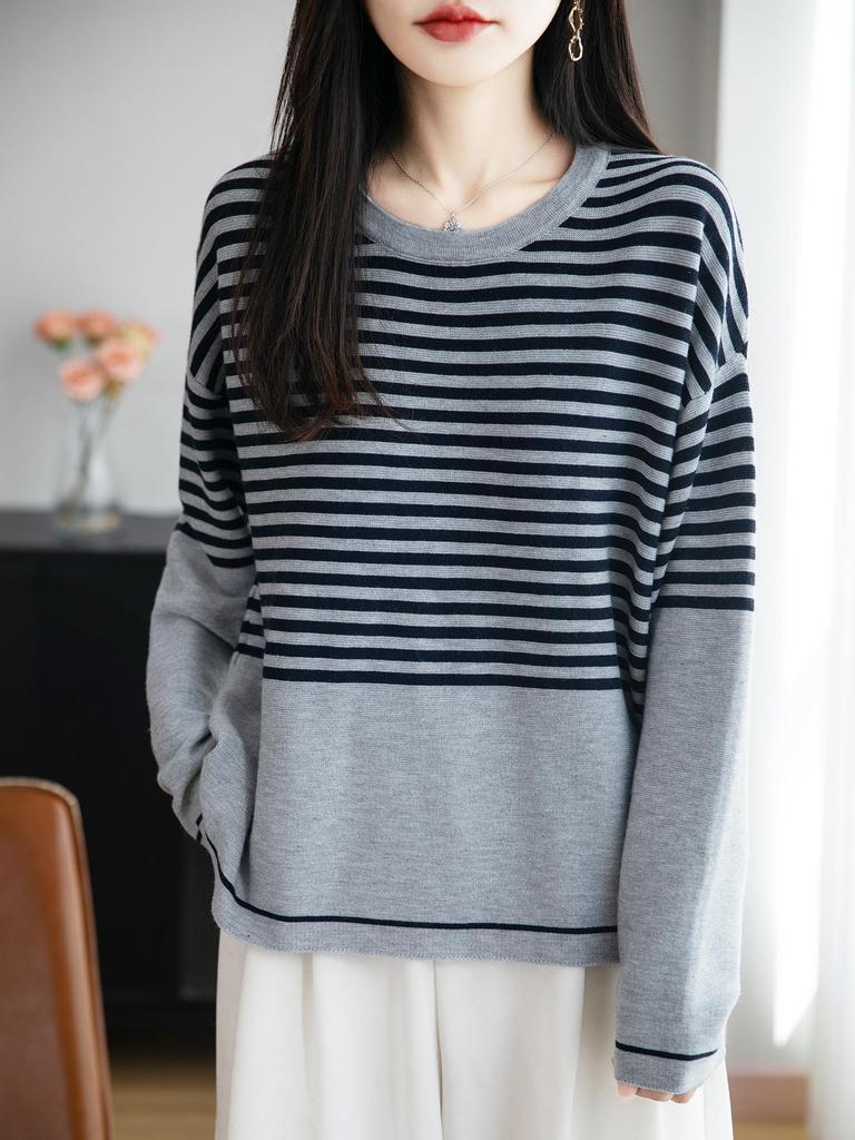 Women's Loose Striped Round Neck Wool Sweater - Autumn/Winter Knitwear, Versatile Jacket.