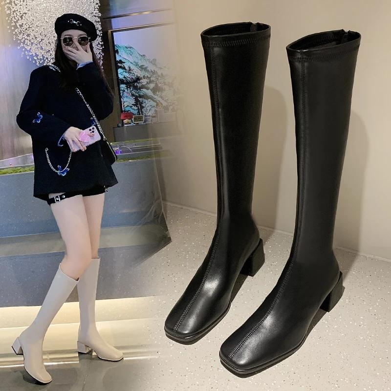 Fashion Female over the knee 2024 Spring and Autumn, short, tall, with fluffy, slim boots, thick, high-heeled, square toe