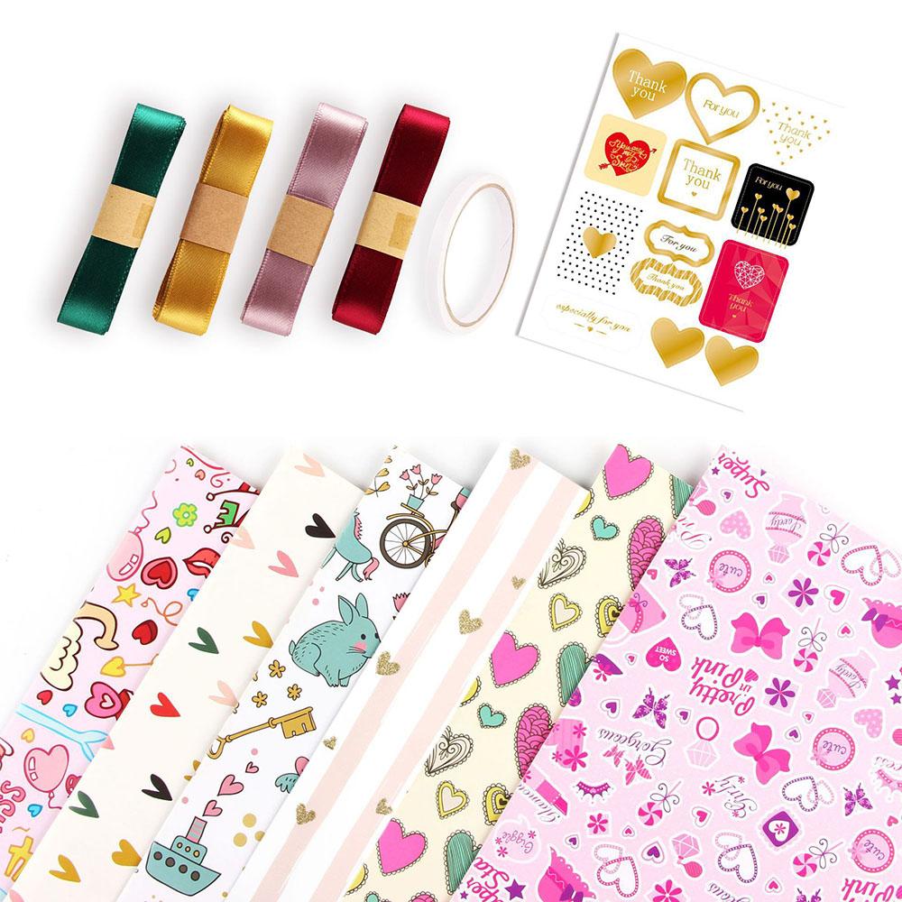 Valentines Day Gift Wrapping Paper Set Heart Printed DIY Craft Paper with Ribbons Stickers for Wedding Birthday Party Gift Decor