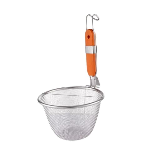 Farigrut Udon Strainer, Flat Bottom, Wooden Handle, Stainless Steel, with Hook, for Draining Pasta, Frying Dregs, and Noodles, Perfect for Boiling and