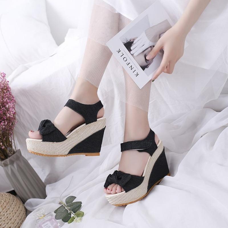 Women's Summer Slope Heel Bow Open Toe Velcro Fashion Fish Mouth Thick-soled High-heeled Sandals
