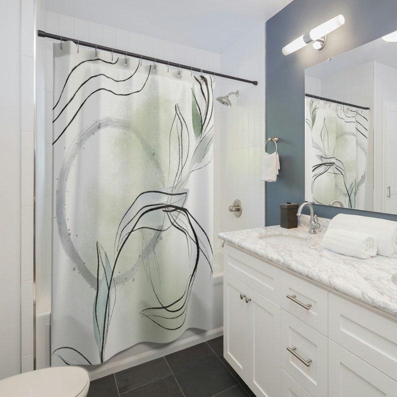 

Boho Shower Curtain | Abstract Artsy, Floral Sage Green Black White | Unique Modern Art, Pastel Minimalist Bathroom Decor W60H190(CM)-1 Pcs